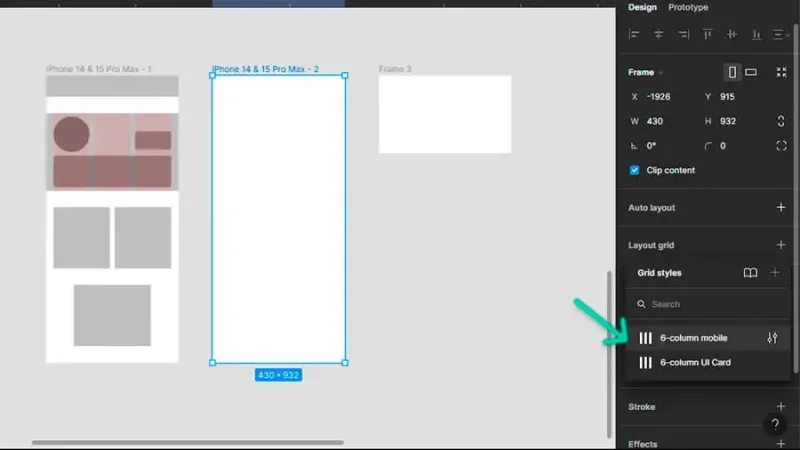 saved grid style set for mobile screen frame in figma