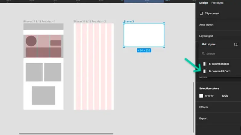 saved grid style set for UI Card frame in figma