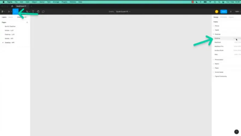 creating a new desktop frame with frame tool in figma