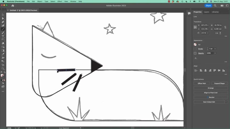Adobe Illustrator workspace showing a line segment being adjusted on a black-and-white vector fox line art draft.