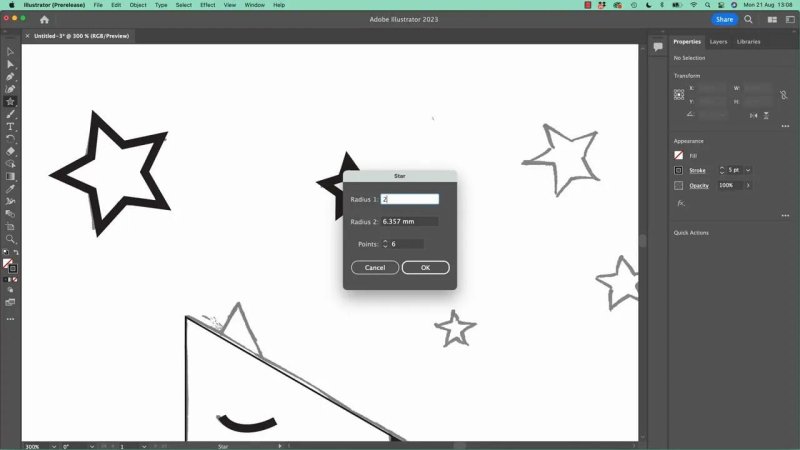 Adobe Illustrator canvas with the Star Tool options dialog box open over drawn star vectors and line art.