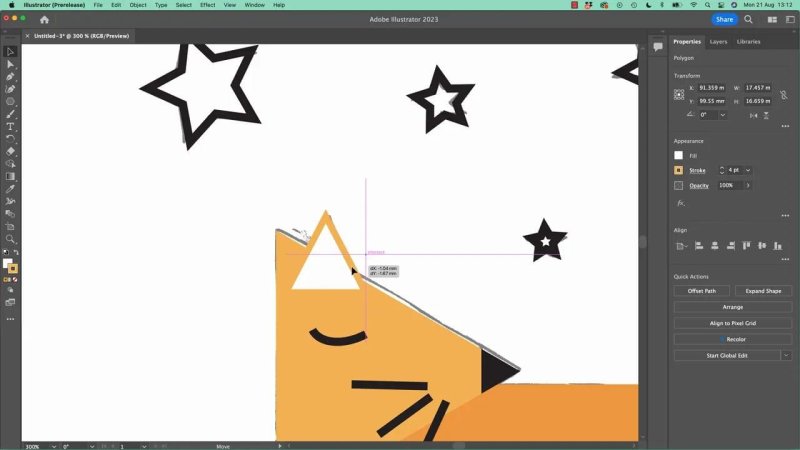 Adobe Illustrator artboard showing a white triangular inner-ear shape being aligned onto an orange vector fox head using Smart Guides.