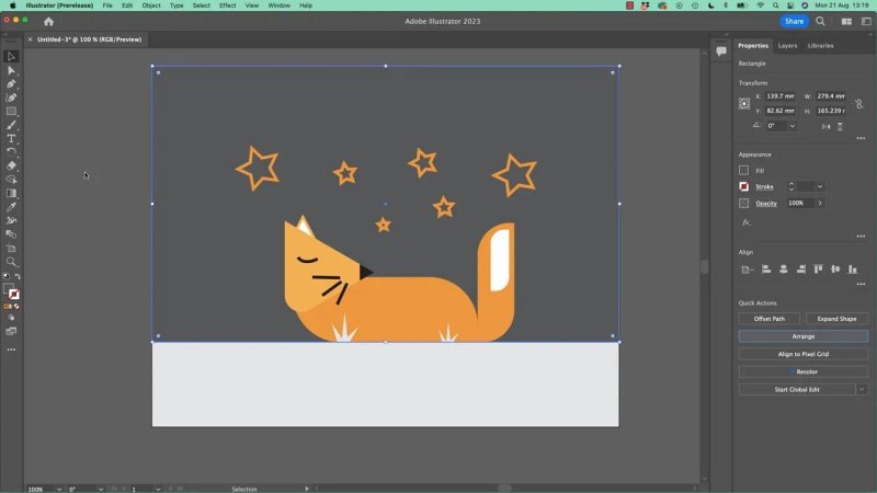 Completed vector illustration in Adobe Illustrator featuring an orange fox sleeping under a starry night sky with a dark grey background shape selected.