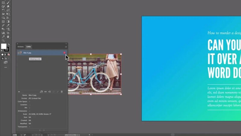 Adobe Illustrator 2024 workspace highlighting a critical Missing Link error in the Links panel, denoted by a red question mark icon next to a placed image file named Bike 0.jpg.