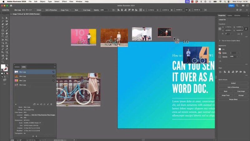 The restored Adobe Illustrator 2024 artboard layout and Links panel, showing multiple active image references successfully updated and verified with clean, error-free path indicators.