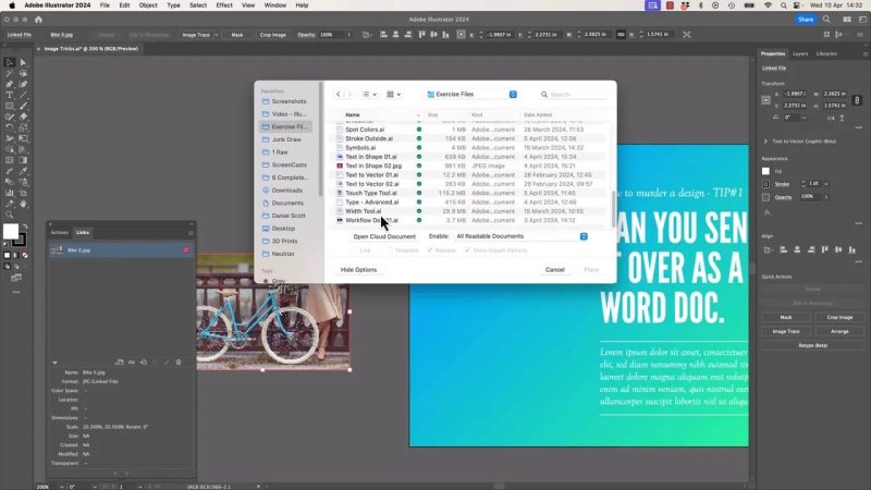 The file navigation dialog box open inside Adobe Illustrator 2024, showing a directory search within an Exercise Files folder to locate a replacement path for a missing asset.