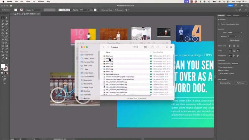 A system finder window open over an Adobe Illustrator layout, navigating through a folder of image assets to select the matching image file to repair a broken link.