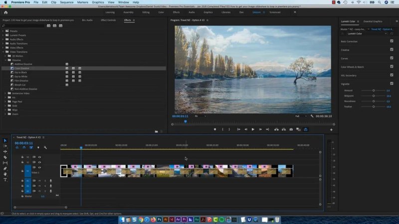 Premiere Pro timeline showing Cross Dissolve transitions applied between all sequential slideshow clips on track V1, including matching transitions at the head and tail for seamless looping.