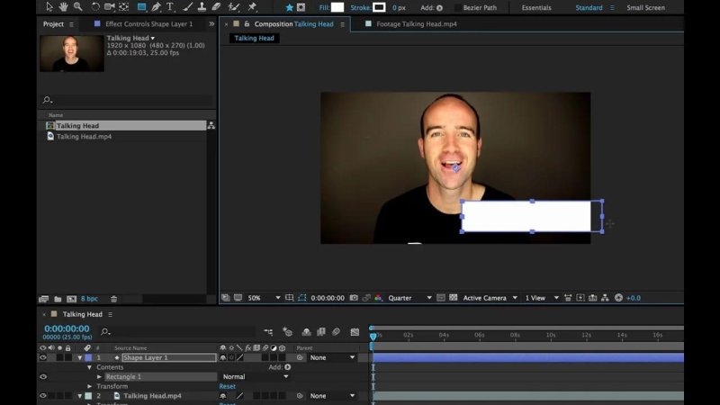 After Effects workspace displaying a talking-head video clip of an instructor in the Composition viewer, with a solid white rectangular shape layer drawn in the lower-right area of the frame.