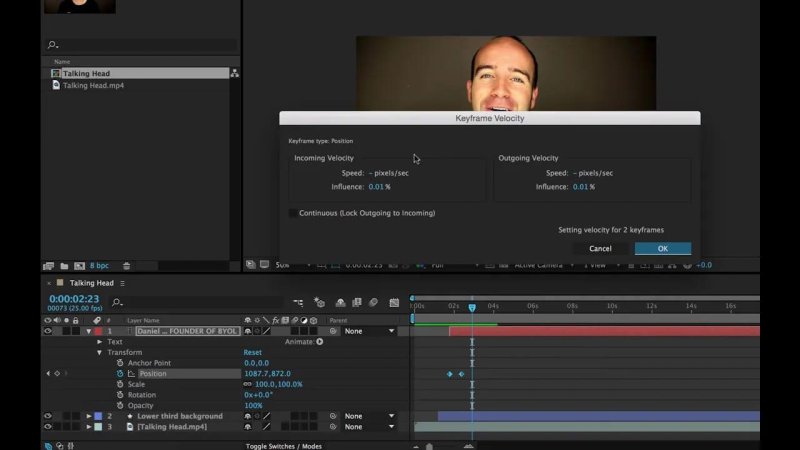After Effects timeline panel at frame 0:00:02:23 with position keyframes selected, displaying the modal Keyframe Velocity settings window showing Incoming and Outgoing Velocity parameters.