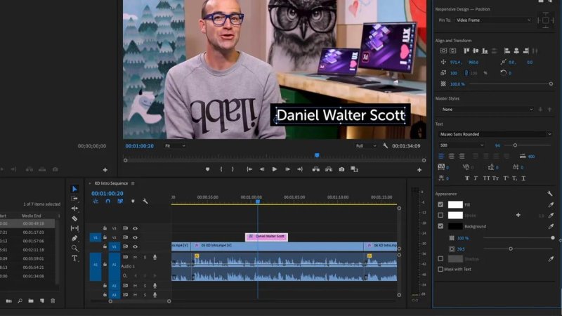 Premiere Pro Essential Graphics panel configuring font styling (Museo Sans Rounded), tracking, and background box appearance for a lower-third text layer.