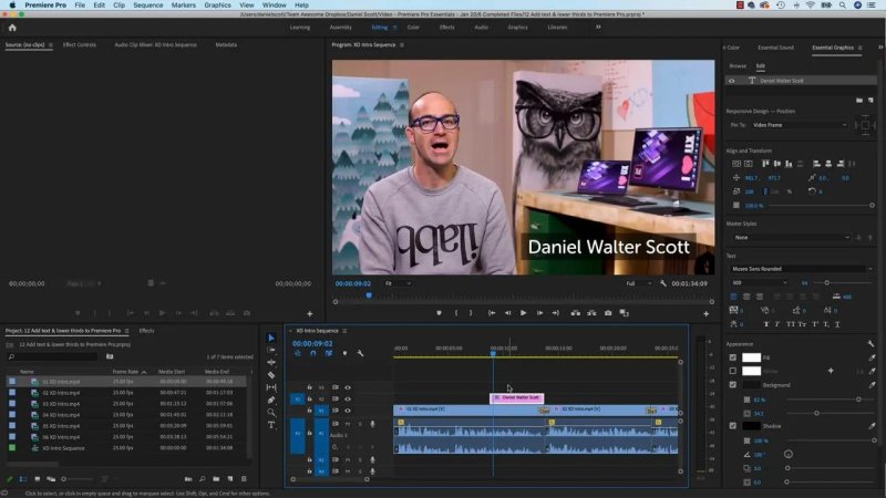 Premiere Pro Program Monitor displaying the completed lower third over video footage, with shadow and opacity settings enabled in the Essential Graphics panel.