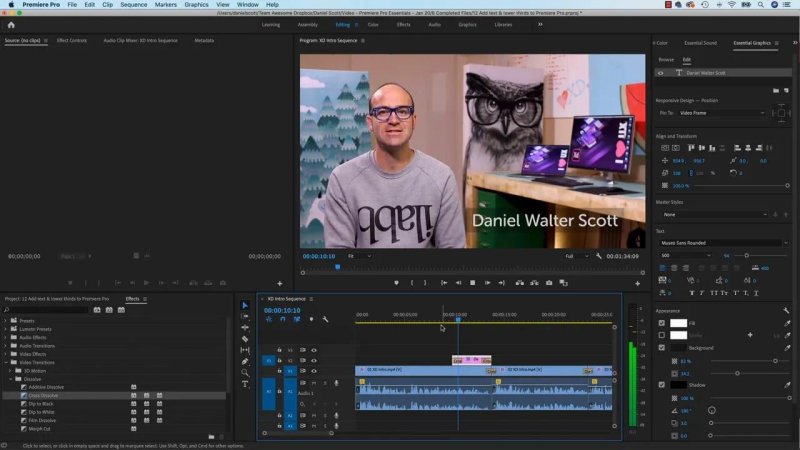 Premiere Pro timeline showing the Effects panel open to Dissolve transitions to apply smooth entry and exit transitions to the lower-third graphic clip.