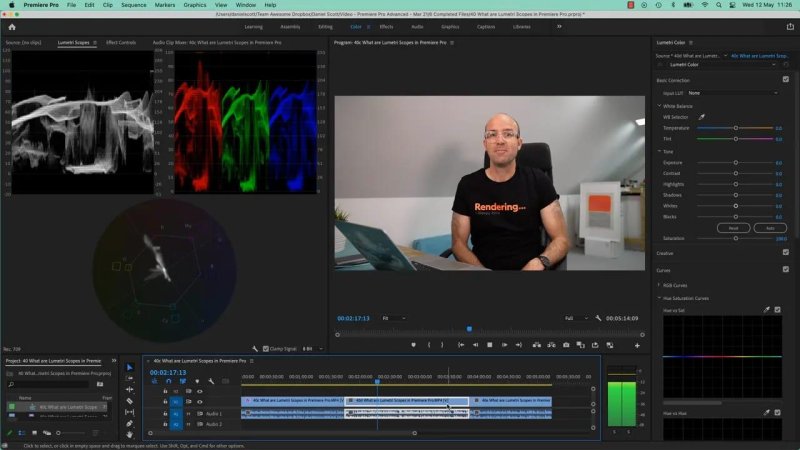 Premiere Pro interface displaying a video editing project with Daniel Walter Scott sitting in front of a laptop on the program monitor, flanked by Lumetri Scopes showing RGB waveforms and a circular vectorscope on the left, and Lumetri Color correction controls on the right.