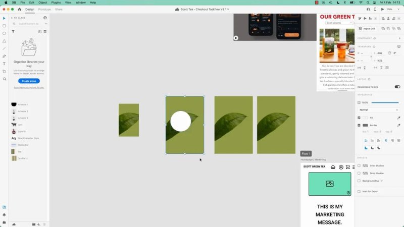 Adobe XD interface showing a white circle placed on top of a rectangular green card containing a tea leaf, with nearby UI artboards visible for a mobile tea app.