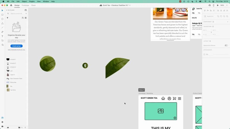 Adobe XD workspace canvas displaying three masked graphic assets—a circular crop of a tea leaf, a circular dark green badge with the letter 