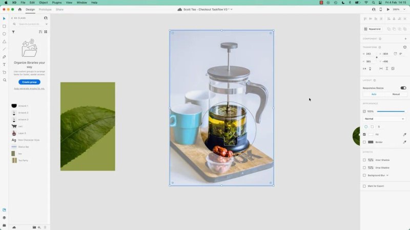 Adobe XD canvas zoomed to 200%, displaying a full photograph of a glass tea infuser on a wooden board with a circular vector outline positioned over the beaker.