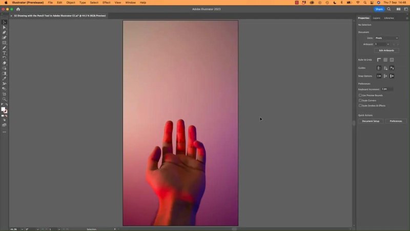 Adobe Illustrator 2023 document containing a placed photographic reference image of a hand lit with dramatic red and purple gel lighting, configured as a tracing template.