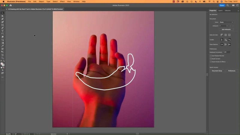 The Adobe Illustrator workspace showing a fully enclosed freehand vector stroke forming a chili pepper shape drawn with the Pencil Tool directly over the hand photograph.