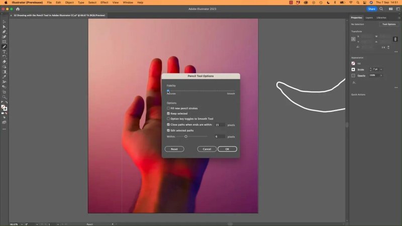 The Pencil Tool Options dialog box open in Adobe Illustrator 2023, showcasing the Fidelity slider adjustment metric positioned between Accurate and Smooth.