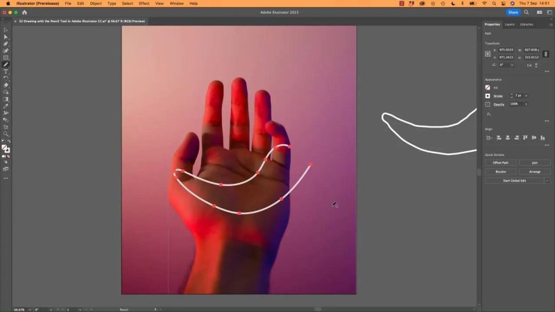 The Pencil Tool drawing a smooth, white vector curved stroke across the palm of the photograph template, highlighting the generation of live anchor nodes.