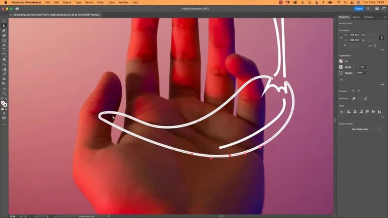 A magnified view in Adobe Illustrator showing a designer adjusting individual red anchor points and path boundaries to clean up a freehand vector shape.