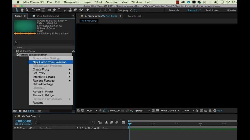 After Effects interface showing the Project panel, with a right-click context menu open over the video asset 