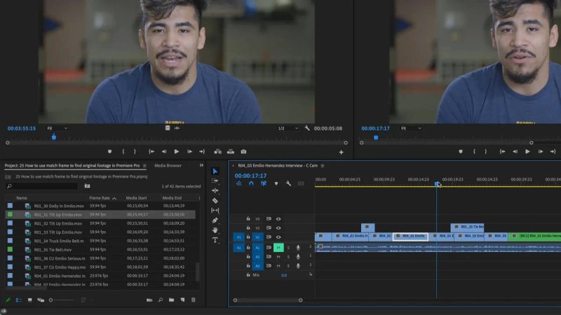 Premiere Pro workspace showing two synchronized views of an athlete in the Source and Program Monitors, using the Match Frame feature with the timeline playhead parked at seventeen seconds.