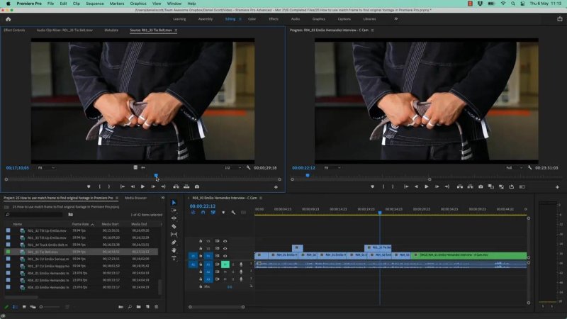 Premiere Pro interface showing matching video frames of an athlete tying a martial arts belt in both the Source Monitor and Program Monitor above an active interview timeline.