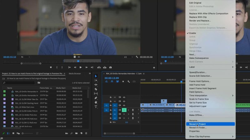Premiere Pro workspace displaying a right-click contextual menu over a timeline clip, highlighting the 