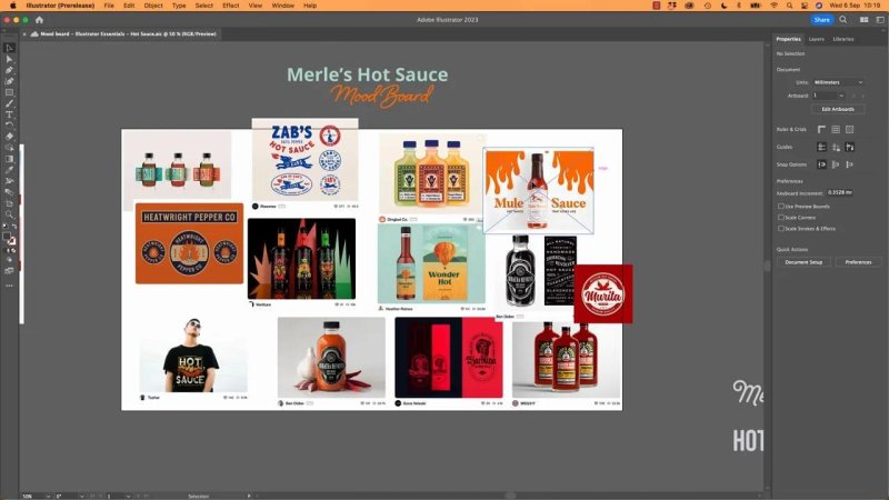 Illustrator workspace showing a white mood board canvas filled with hot sauce bottle photography, label designs, and packaging references beneath the title 