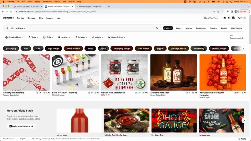 A Behance search results page in Google Chrome showing a grid of creative hot sauce branding concepts, bottles, and packaging designs