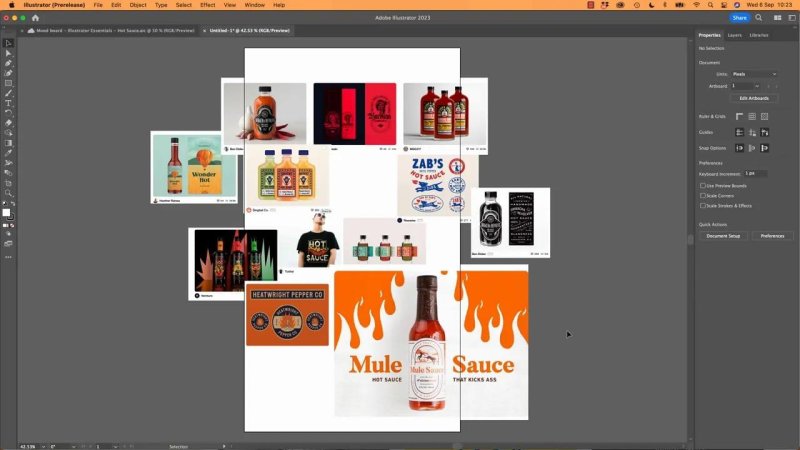 Illustrator canvas displaying an overlapping collage of hot sauce brand imagery, including bottle mockups, labels, and color swatches grouped around a central vertical artboard.