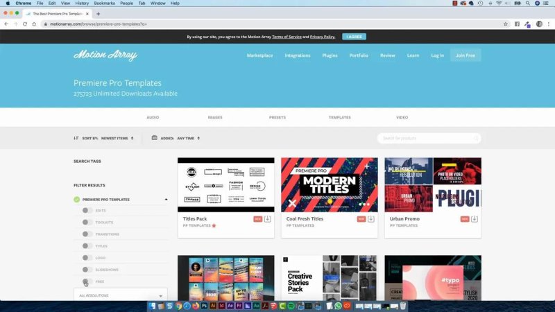 The Motion Array website open in a web browser displaying a gallery of Premiere Pro graphic templates, including packs for Modern Titles, Cool Fresh Titles, and Urban Promo.