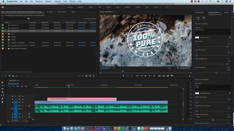 Premiere Pro workspace showing an aerial ocean clip overlaid with a white circular stamp reading 