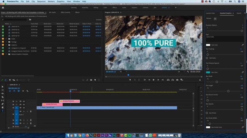 Premiere Pro interface displaying a teal rectangular title banner with the white text 