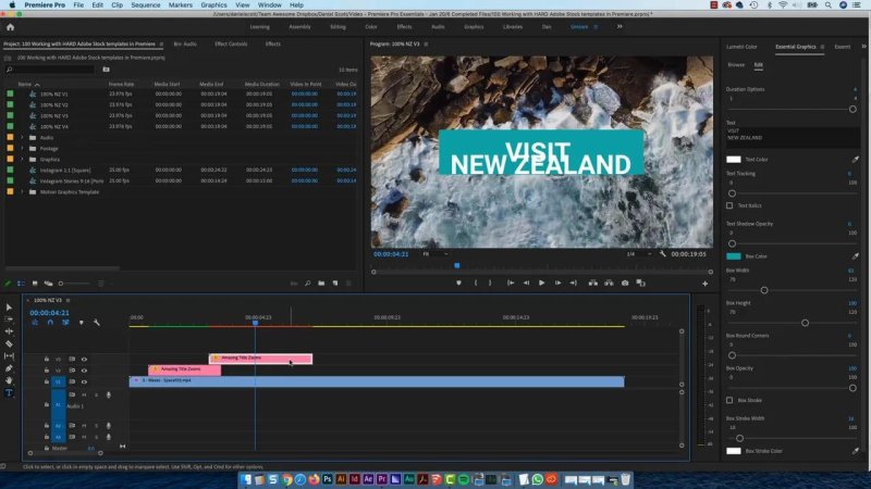 Premiere Pro workspace displaying a compact teal box overlay with stacked white typography reading 