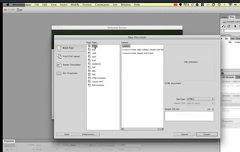 The New Document dialog in Adobe Dreamweaver displaying a list of file types with HTML selected, no layout template chosen, and the DocType dropdown set to HTML5.