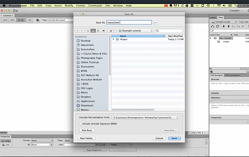 macOS Save As dialog window in Adobe Dreamweaver saving a new document named index.html into the Example tutorial site root directory alongside an images folder.