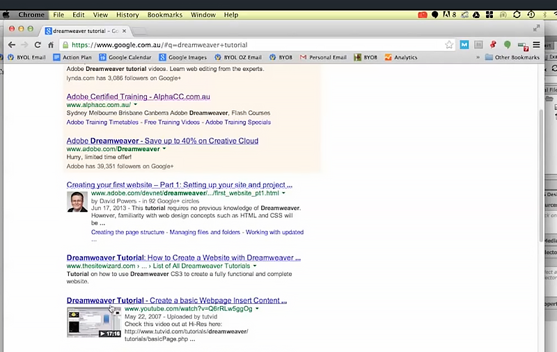 A Google Chrome browser window displaying web search results for dreamweaver tutorial, including links to tutorials from Lynda.com, Adobe Devnet, and YouTube.