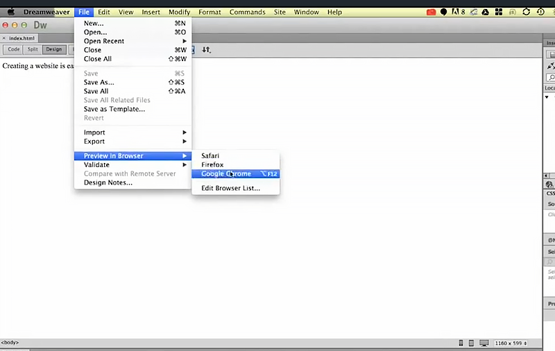 Dreamweaver interface navigating through File, Preview in Browser, and highlighting Google Chrome to test the active index.html page.