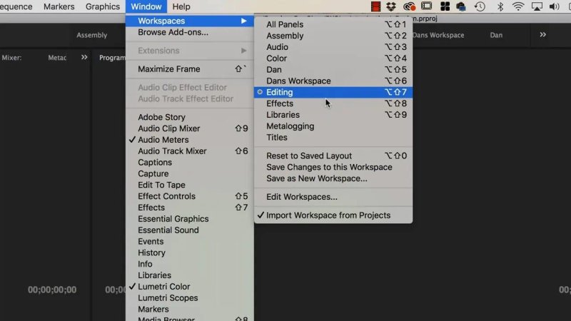 Premiere Pro interface navigating through the Window menu to Workspaces, highlighting the Editing layout preset alongside keyboard shortcuts.