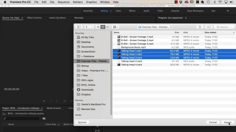 A macOS Import dialog window open over Premiere Pro with multiple MP4 video files named Talking Head 1 through 3 selected for import.