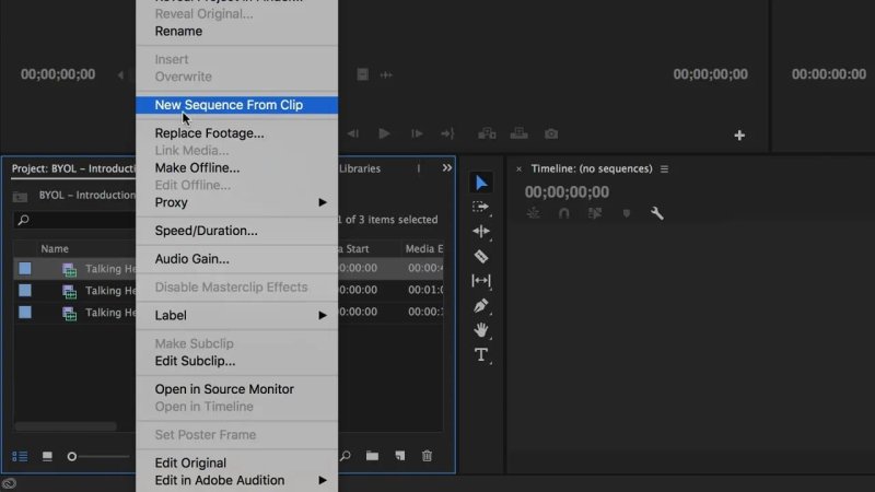 Premiere Pro Project panel showing a contextual right-click menu over an imported video clip, with the New Sequence From Clip command highlighted.
