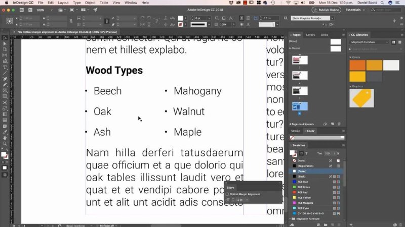 InDesign workspace with the Story panel open, demonstrating unchecked Optical Margin Alignment on a bulleted list titled 