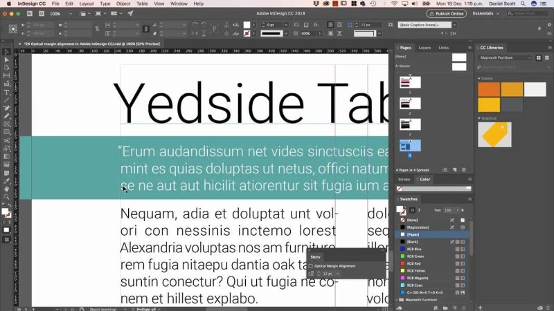 InDesign layout showing quotation marks hanging outside the margin with the 