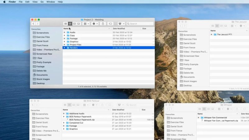 Multiple open macOS Finder windows arranged on a desktop displaying root directory folder structures for video projects, including Audio, Copy, Footage, Graphics, Project Files, and Renders.