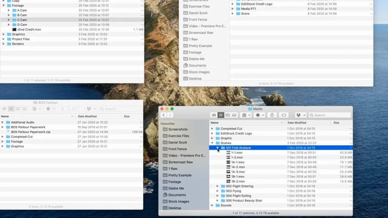 Finder list view showing expanded nested folders for a video production, displaying multi-cam subdirectories labeled A Cam through D Cam alongside scene breakdowns with numbered MOV video files.