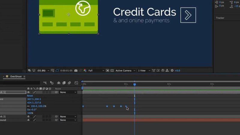Adobe After Effects workspace showing a dark blue composition with green credit card vector artwork and four Scale property keyframes placed along the timeline.