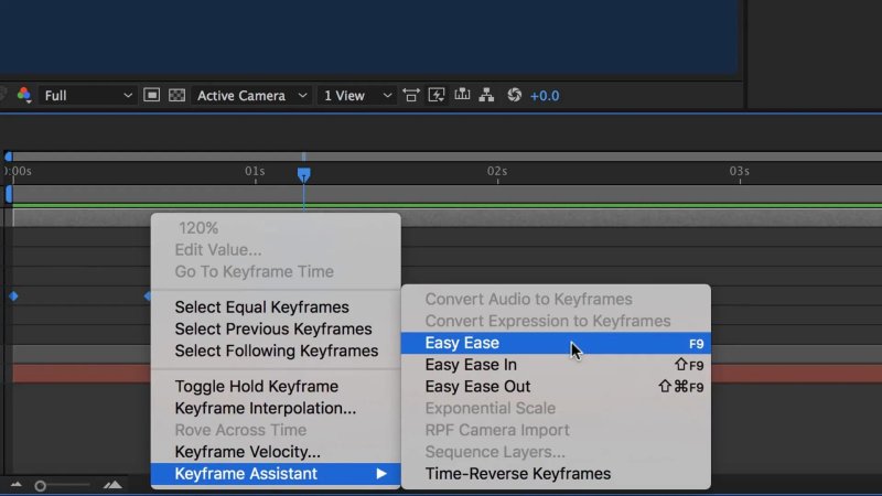 After Effects timeline context menu zoomed in on keyframe options, navigating through Keyframe Assistant and highlighting Easy Ease next to the F9 shortcut.